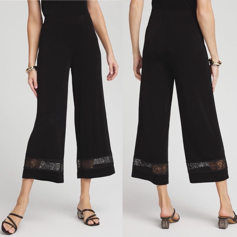 Chico's Black Cropped Wide-Leg Pants with Lace Trim